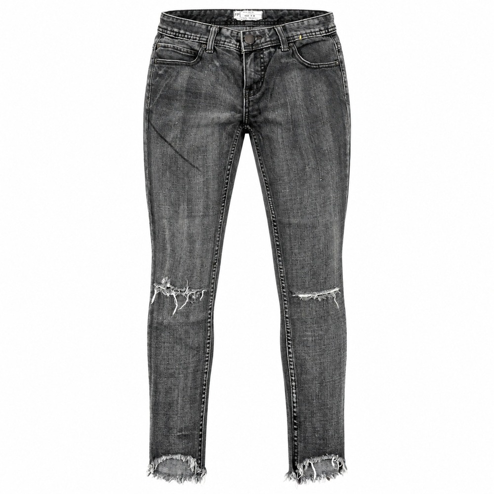 Free People Washed Black Distressed Skinny Jeans Raw Hem Frayed Denim W 26